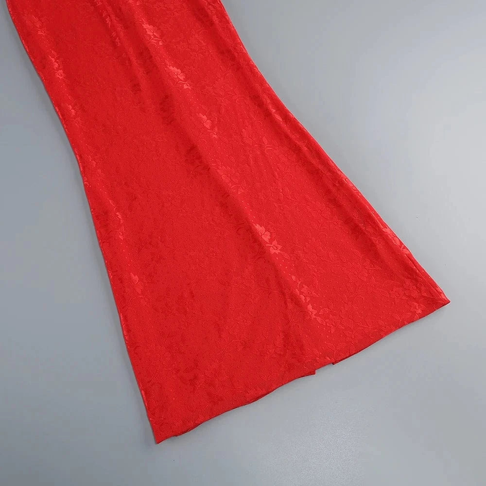 Glamorous Women's Red Strapless Retro Style Maxi Dress with Lace Chiffon Scarf Embellishment Bodycon Fit for Party Evening Event