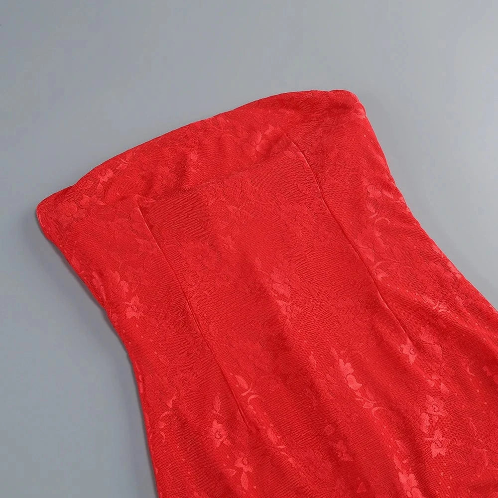 Glamorous Women's Red Strapless Retro Style Maxi Dress with Lace Chiffon Scarf Embellishment Bodycon Fit for Party Evening Event