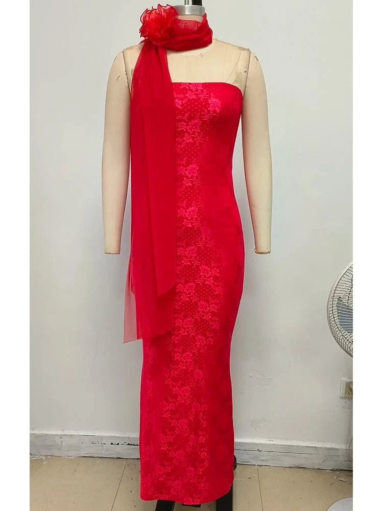 Glamorous Women's Red Strapless Retro Style Maxi Dress with Lace Chiffon Scarf Embellishment Bodycon Fit for Party Evening Event