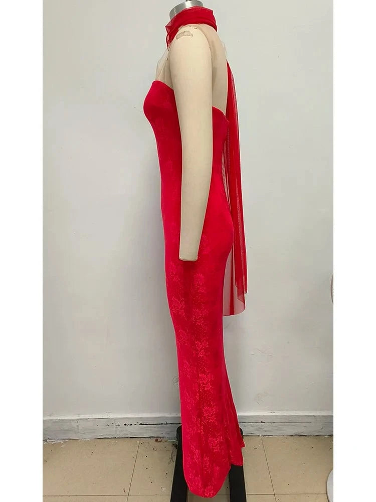 Glamorous Women's Red Strapless Retro Style Maxi Dress with Lace Chiffon Scarf Embellishment Bodycon Fit for Party Evening Event