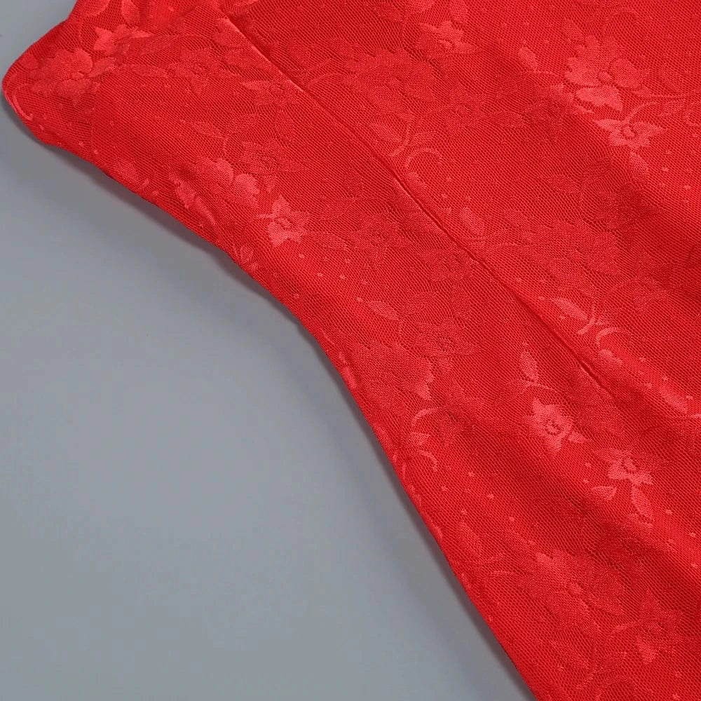 Glamorous Women's Red Strapless Retro Style Maxi Dress with Lace Chiffon Scarf Embellishment Bodycon Fit for Party Evening Event