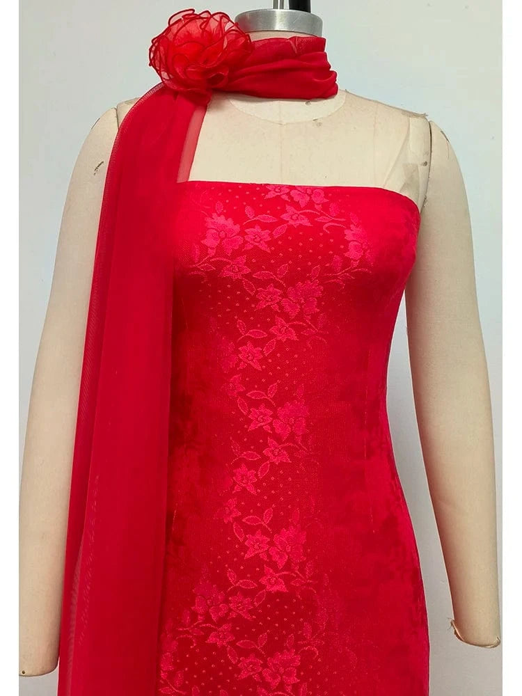 Glamorous Women's Red Strapless Retro Style Maxi Dress with Lace Chiffon Scarf Embellishment Bodycon Fit for Party Evening Event