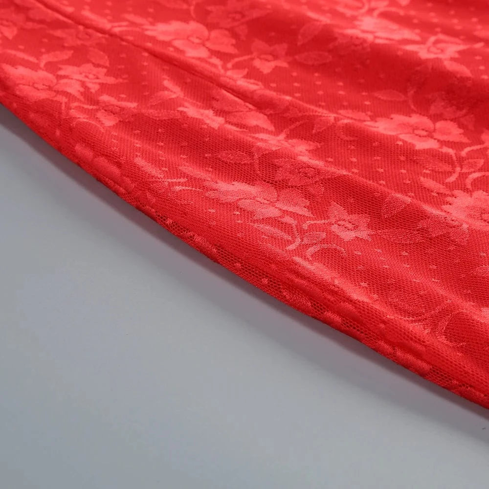 Glamorous Women's Red Strapless Retro Style Maxi Dress with Lace Chiffon Scarf Embellishment Bodycon Fit for Party Evening Event