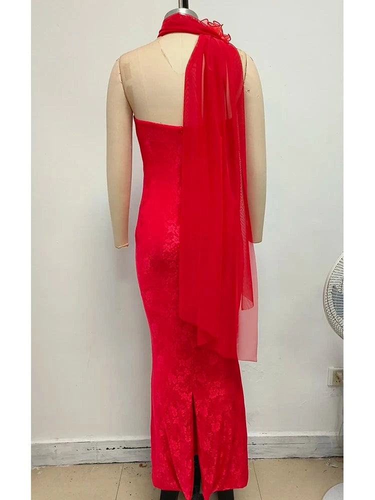 Glamorous Women's Red Strapless Retro Style Maxi Dress with Lace Chiffon Scarf Embellishment Bodycon Fit for Party Evening Event