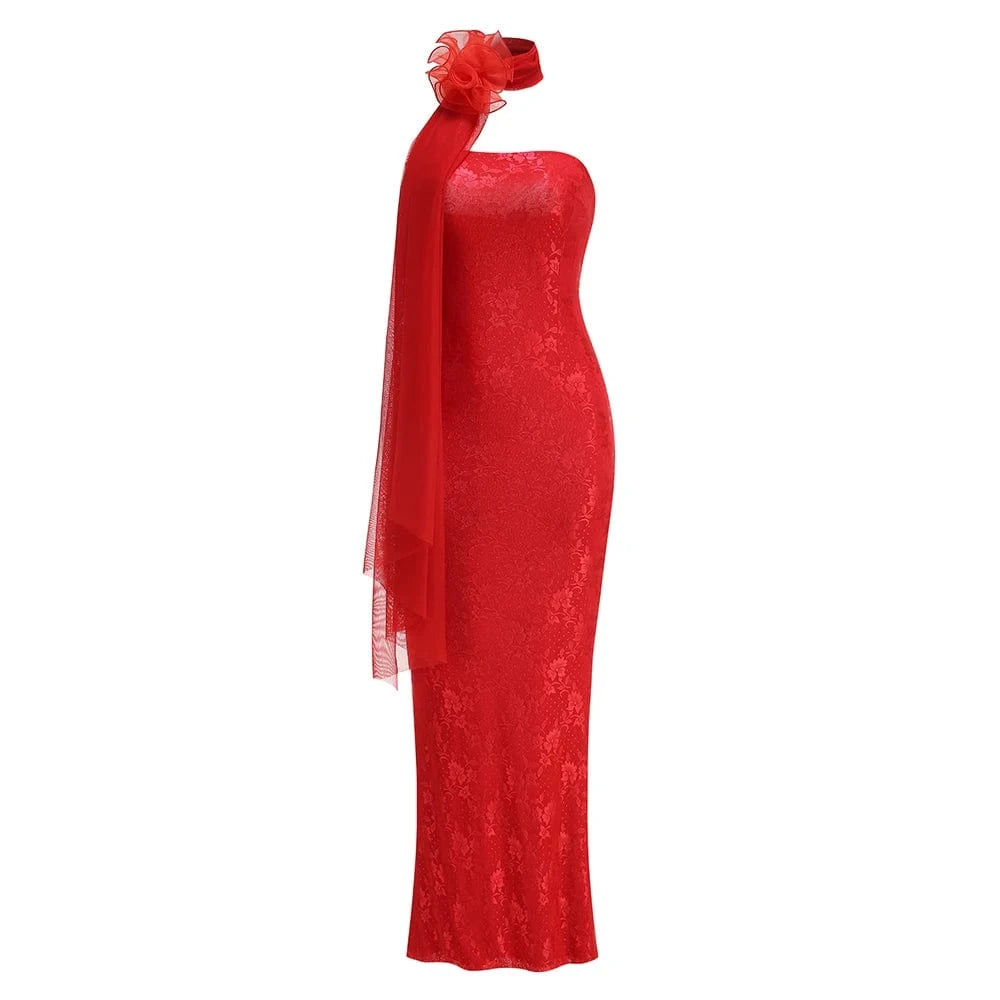 Glamorous Women's Red Strapless Retro Style Maxi Dress with Lace Chiffon Scarf Embellishment Bodycon Fit for Party Evening Event