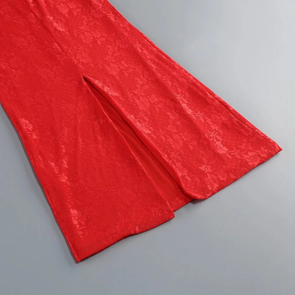 Glamorous Women's Red Strapless Retro Style Maxi Dress with Lace Chiffon Scarf Embellishment Bodycon Fit for Party Evening Event