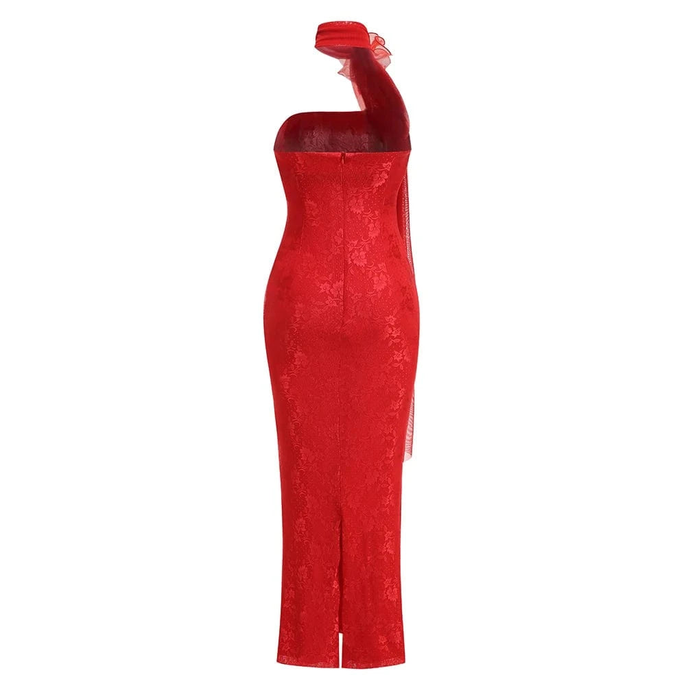 Glamorous Women's Red Strapless Retro Style Maxi Dress with Lace Chiffon Scarf Embellishment Bodycon Fit for Party Evening Event
