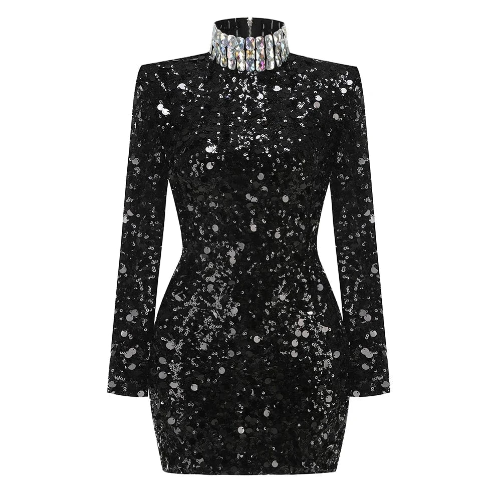 Glamorous Women's Silver Sequin High Neck Long Sleeve Mini Dress Sparkling Party Wear Fashionable Eye-catching Choice
