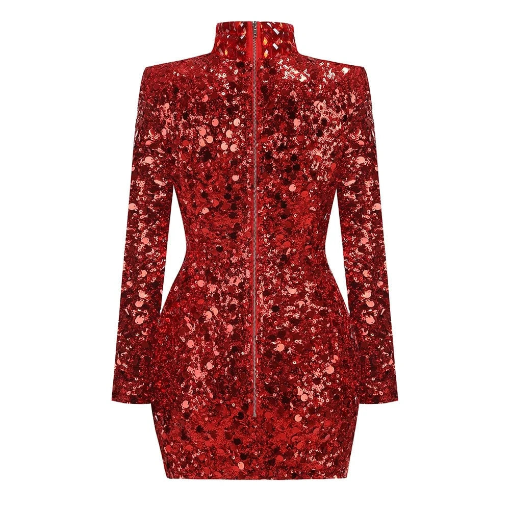 Glamorous Women's Silver Sequin High Neck Long Sleeve Mini Dress Sparkling Party Wear Fashionable Eye-catching Choice