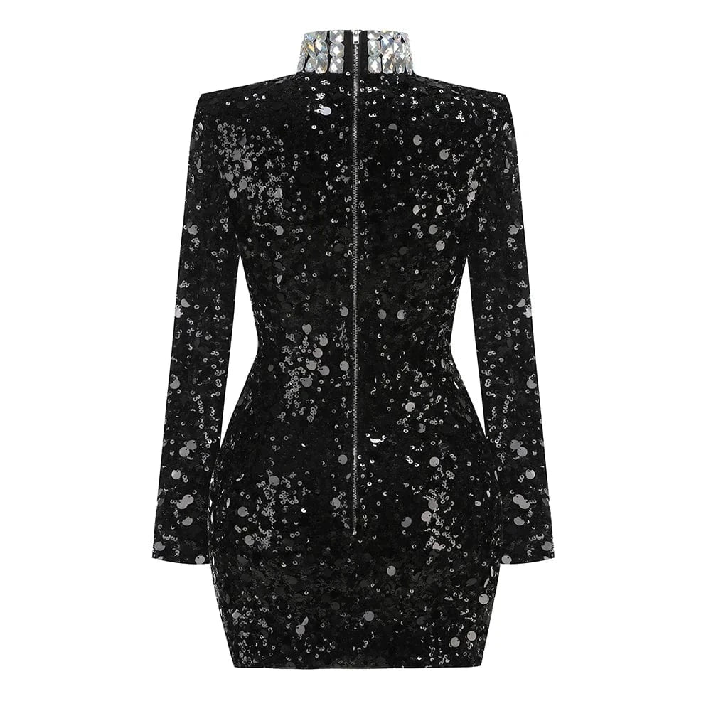 Glamorous Women's Silver Sequin High Neck Long Sleeve Mini Dress Sparkling Party Wear Fashionable Eye-catching Choice