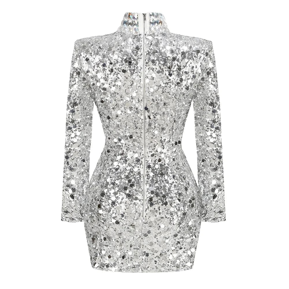 Glamorous Women's Silver Sequin High Neck Long Sleeve Mini Dress Sparkling Party Wear Fashionable Eye-catching Choice