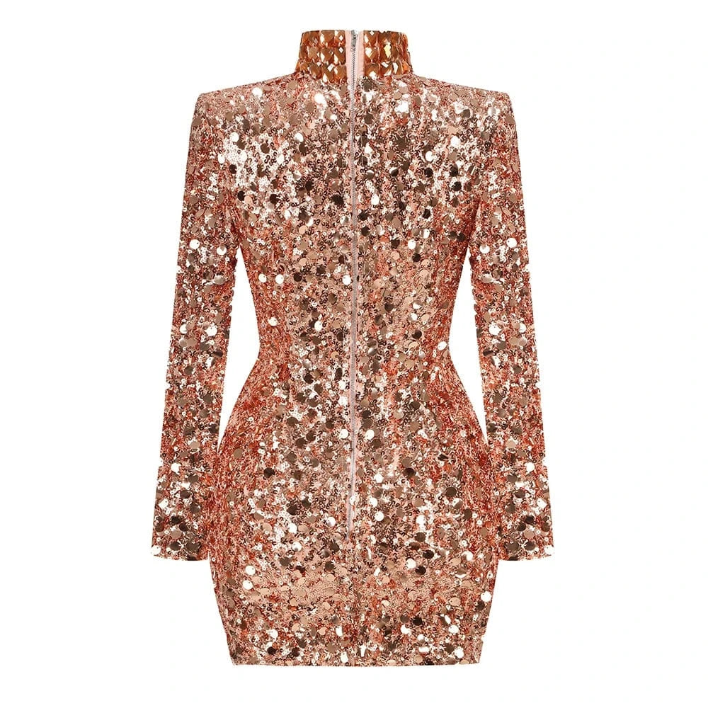 Glamorous Women's Silver Sequin High Neck Long Sleeve Mini Dress Sparkling Party Wear Fashionable Eye-catching Choice