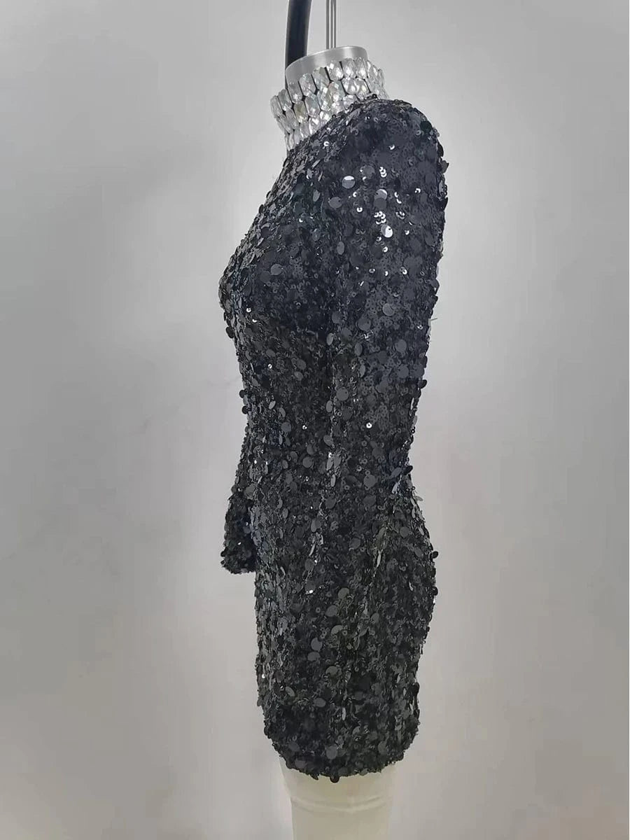 Glamorous Women's Silver Sequin High Neck Long Sleeve Mini Dress Sparkling Party Wear Fashionable Eye-catching Choice
