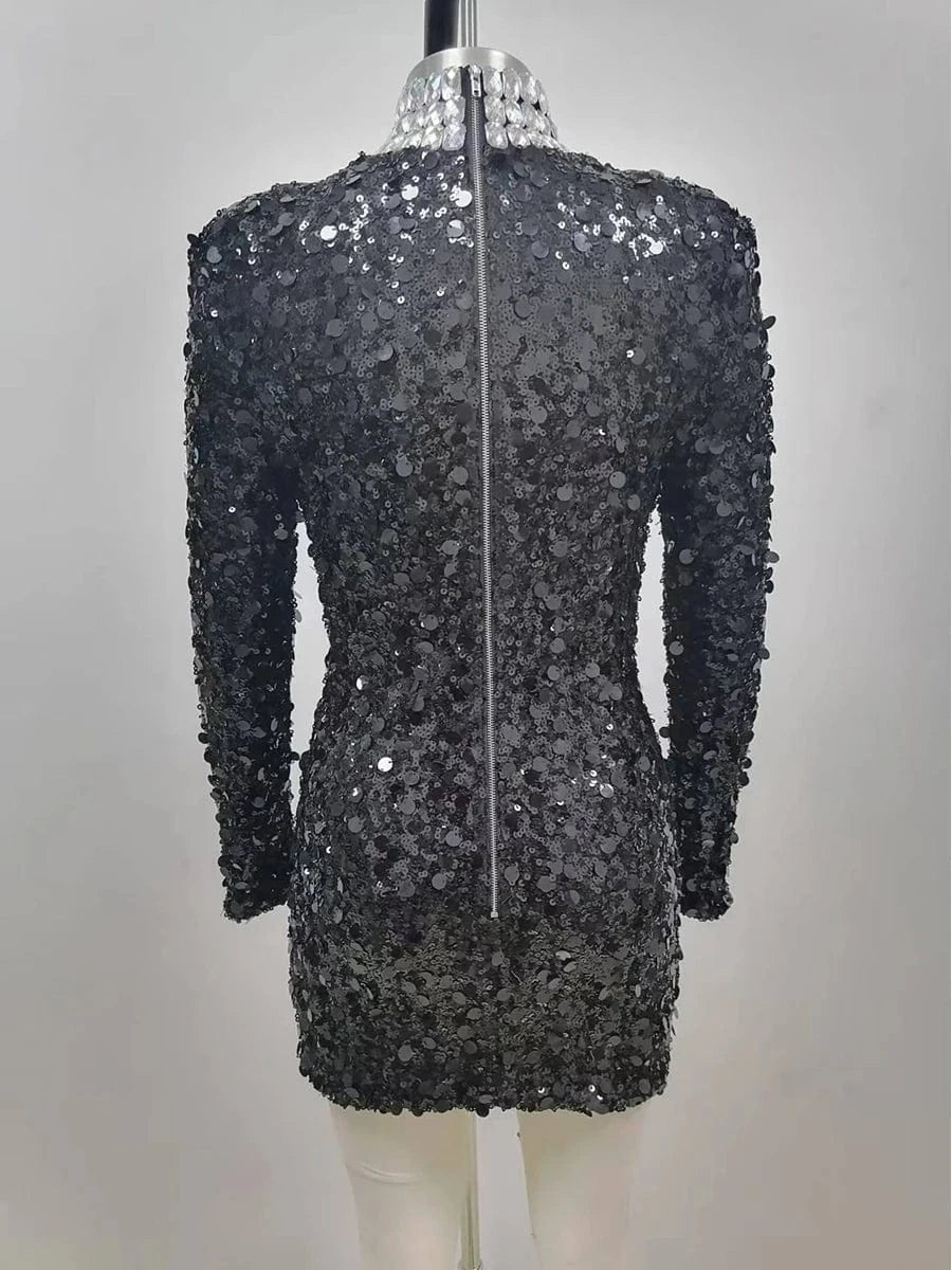 Glamorous Women's Silver Sequin High Neck Long Sleeve Mini Dress Sparkling Party Wear Fashionable Eye-catching Choice
