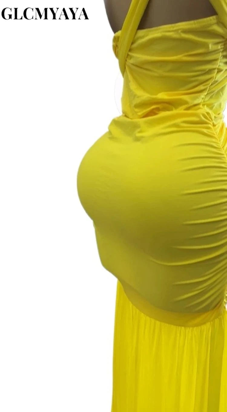 GLCMYAYA Women Halter Neck Ruched Stacked Sleeveless Bodycon Midi Maxi Long Dress 2025 Summer Vacation Holiday Elegant Dresses
