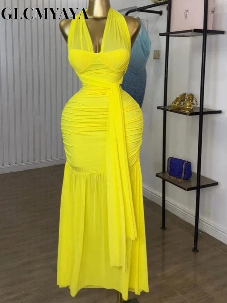 GLCMYAYA Women Halter Neck Ruched Stacked Sleeveless Bodycon Midi Maxi Long Dress 2025 Summer Vacation Holiday Elegant Dresses