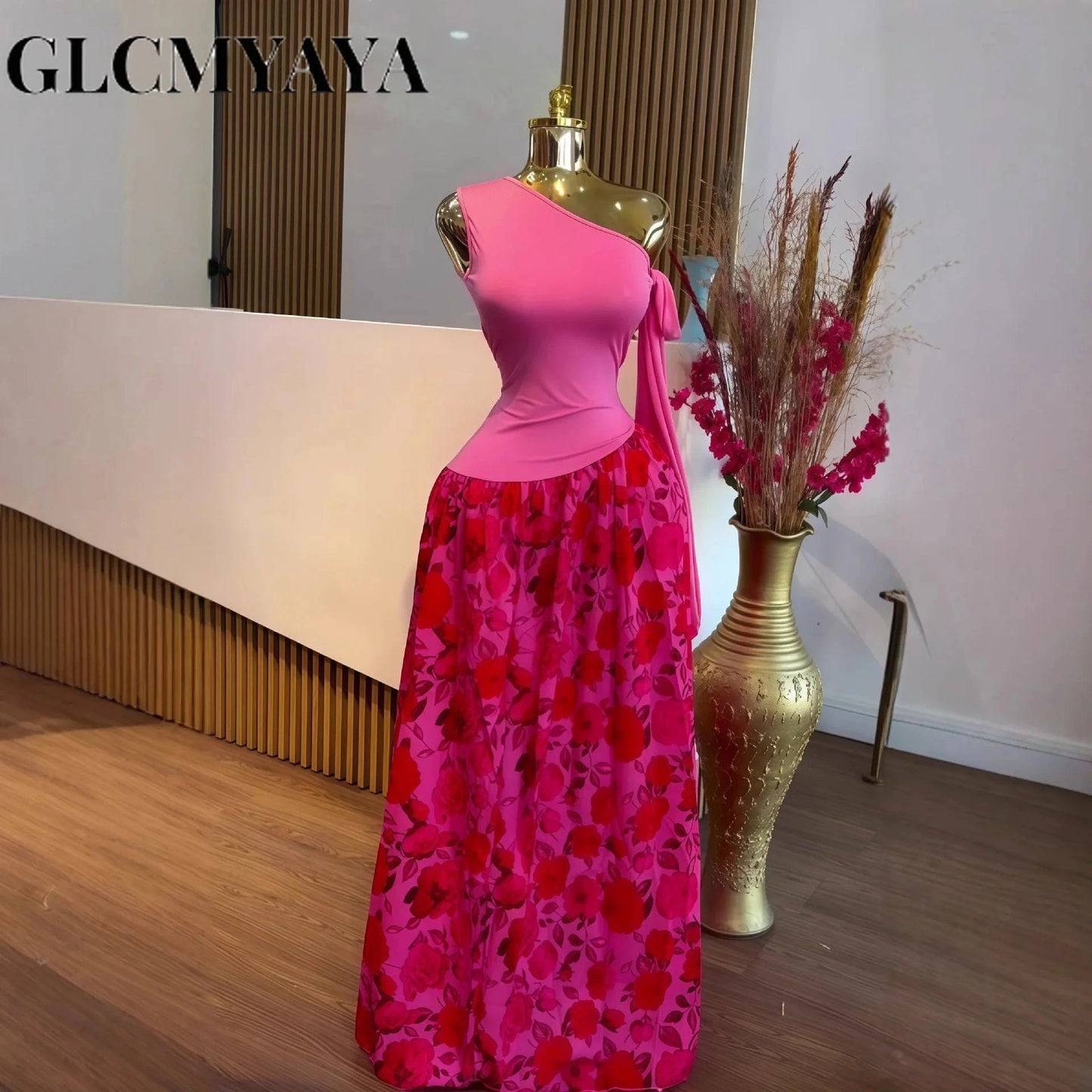 GLCMYAYA Women One Bowknot Shoulder Sleeveless Floral Printed Maxi Long Dress 2025 Vacation Sexy Party Club Vestidos Dresses