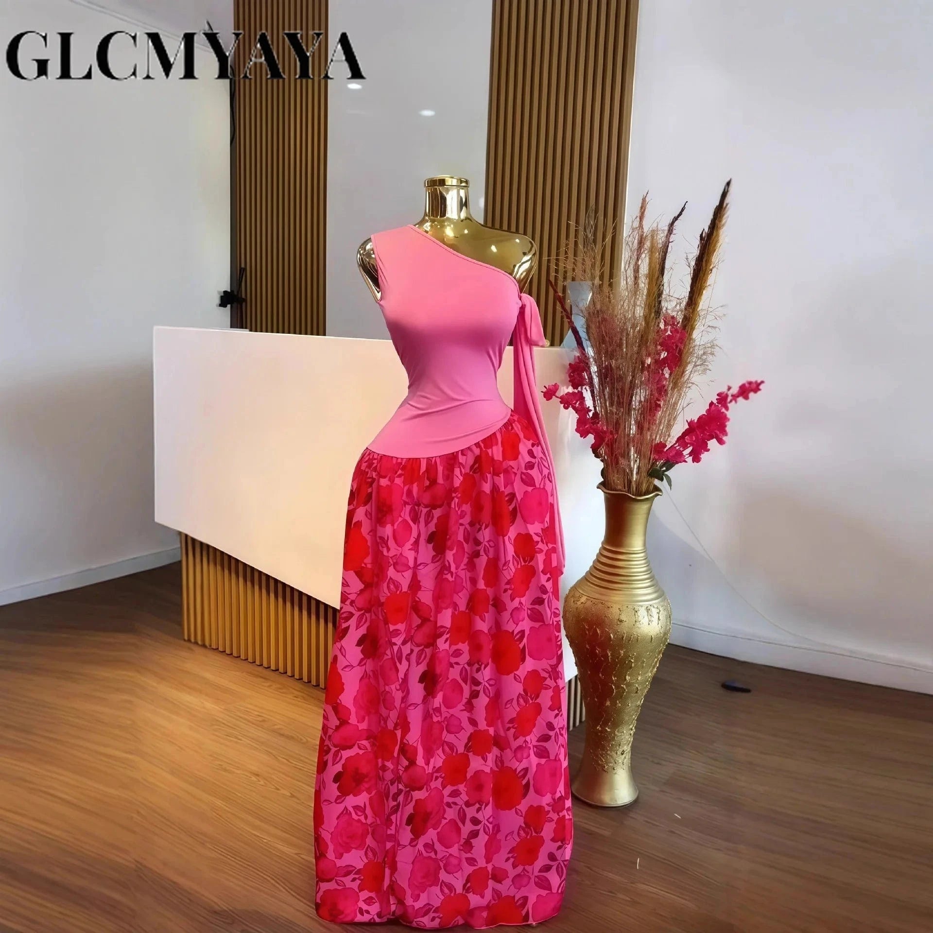 GLCMYAYA Women One Bowknot Shoulder Sleeveless Floral Printed Maxi Long Dress 2025 Vacation Sexy Party Club Vestidos Dresses