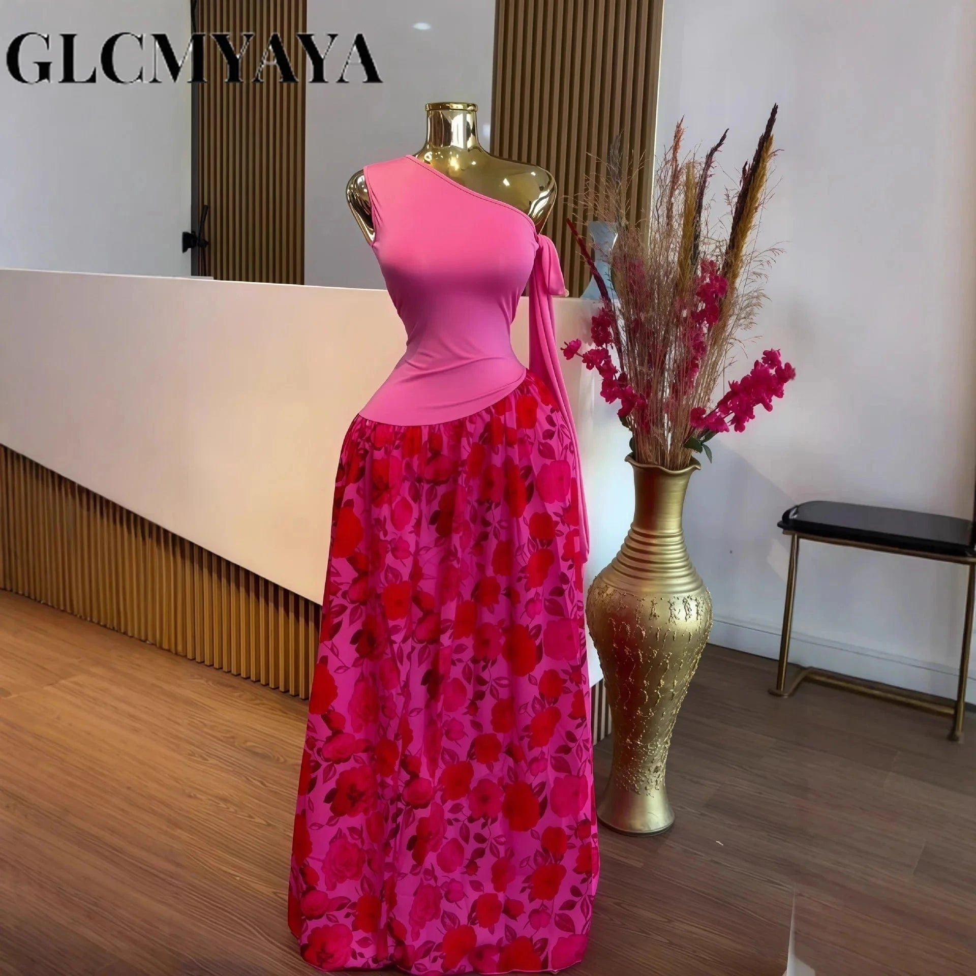 GLCMYAYA Women One Bowknot Shoulder Sleeveless Floral Printed Maxi Long Dress 2025 Vacation Sexy Party Club Vestidos Dresses