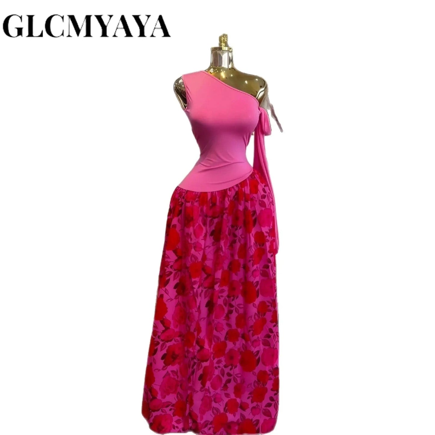 GLCMYAYA Women One Bowknot Shoulder Sleeveless Floral Printed Maxi Long Dress 2025 Vacation Sexy Party Club Vestidos Dresses