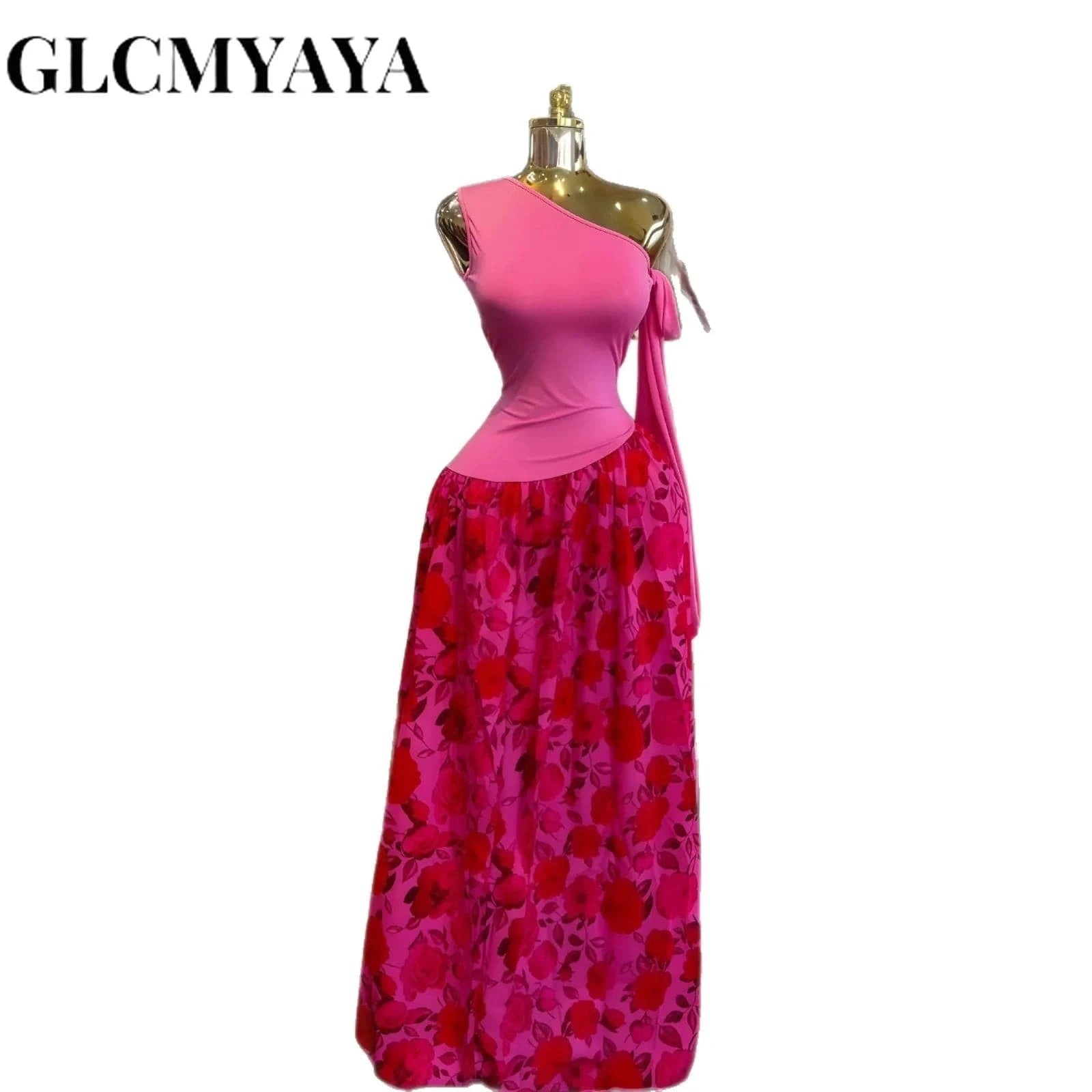 GLCMYAYA Women One Bowknot Shoulder Sleeveless Floral Printed Maxi Long Dress 2025 Vacation Sexy Party Club Vestidos Dresses