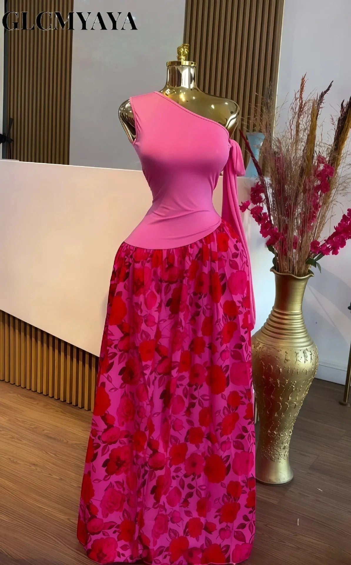 GLCMYAYA Women One Bowknot Shoulder Sleeveless Floral Printed Maxi Long Dress 2025 Vacation Sexy Party Club Vestidos Dresses