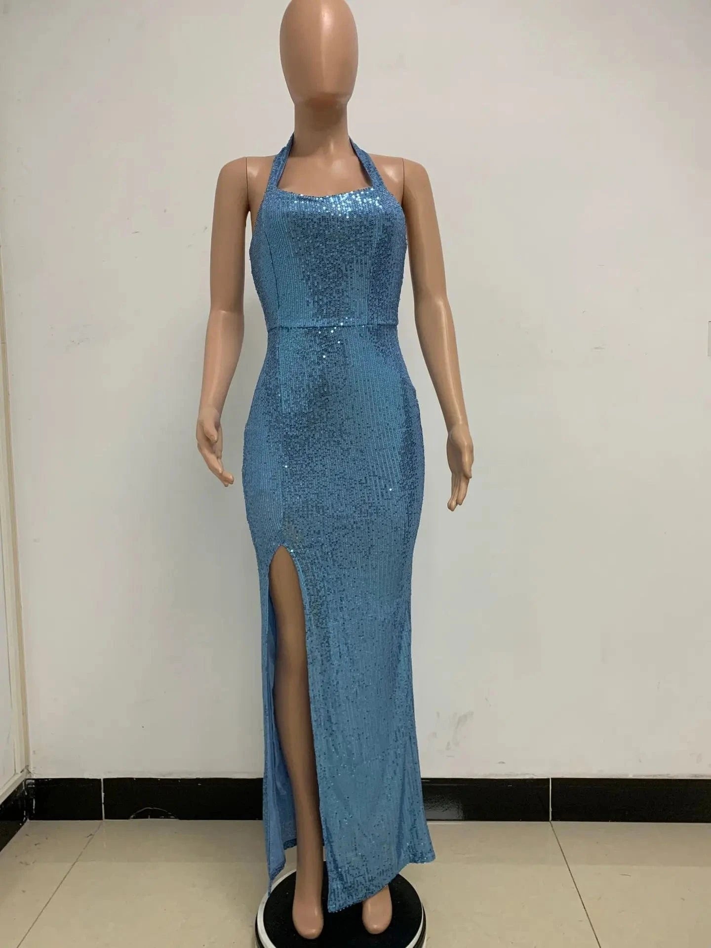 Glitter halter sleeveless backless split sliver gold black sexy prom lady maxi elegant party sequined evening dresses for women