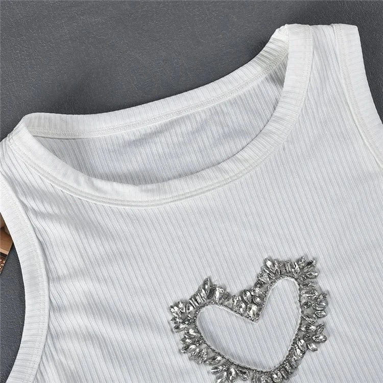 Glitter Heart Patchwork Tops Tees Vintage Tanks Camis Harajuku Slim Sleeveless Streetwear Women Clothes Tee Top 2024