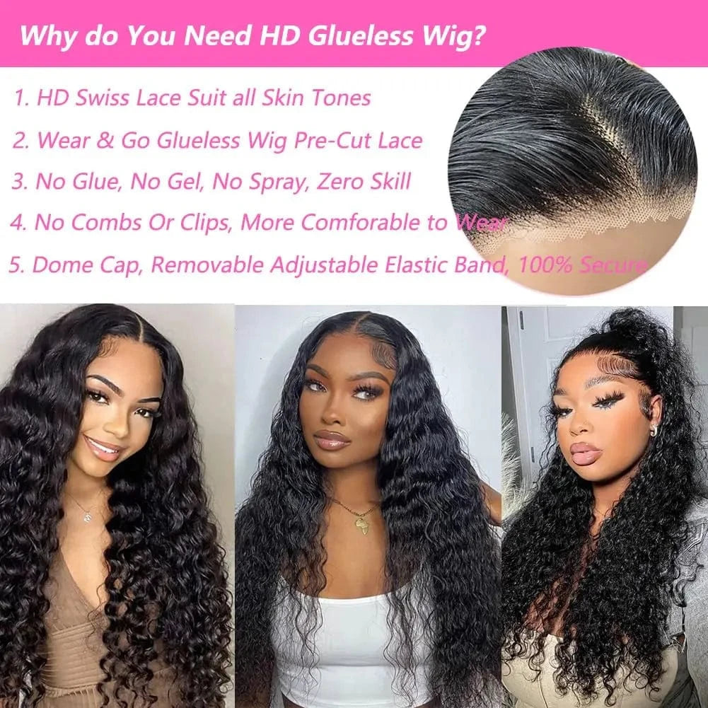 Glueless Wig Deep Wave Human Hair Wigs Ready To Wear Pre-Cut Lace Wear And Go Glueless Wigs Lace Front Human Hair Wig For Women
