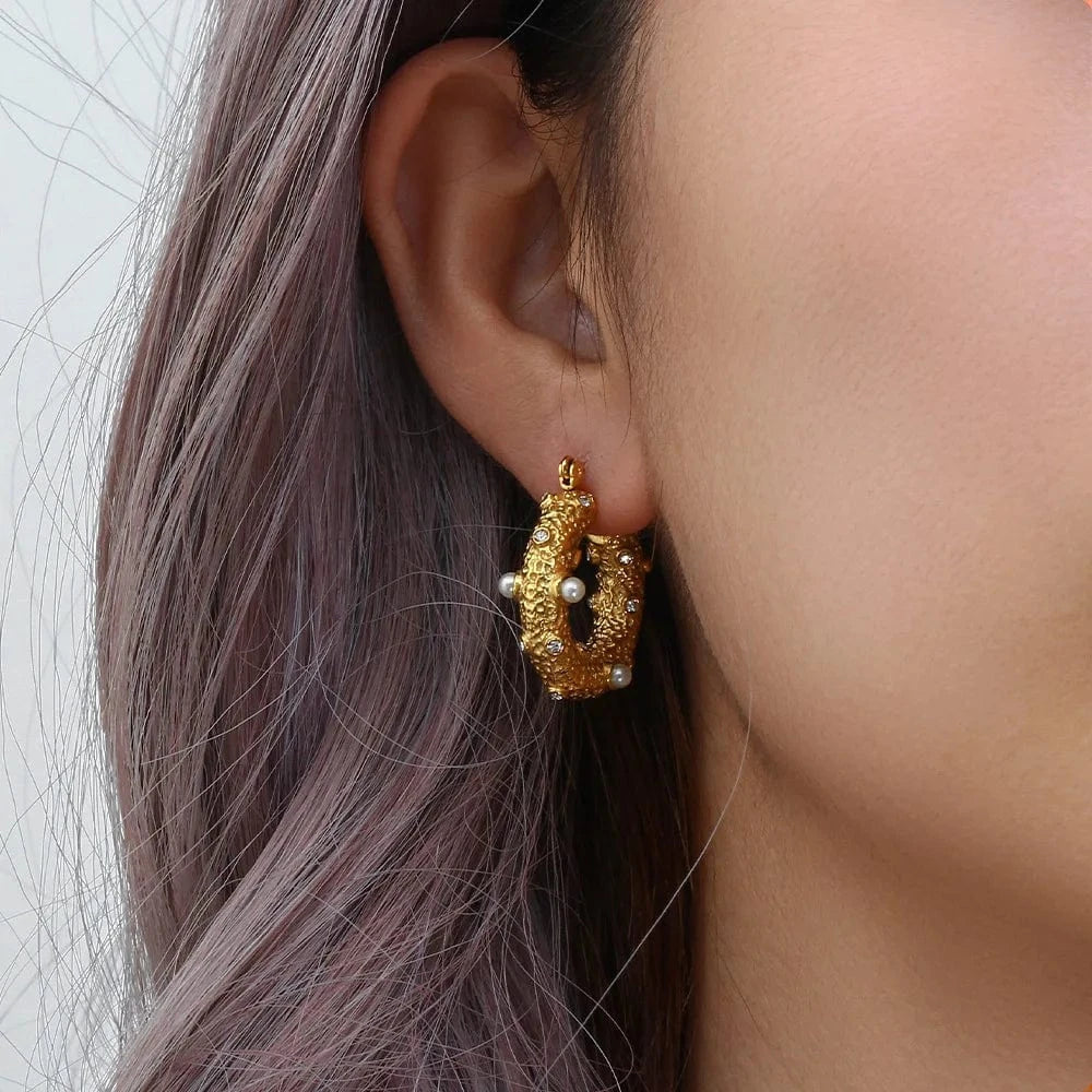 Gold 18k Gold Plated Bulk Hoop Earrings Natural Pearl Earring Large Circle Stainless Steel Zircon Set Jewelry