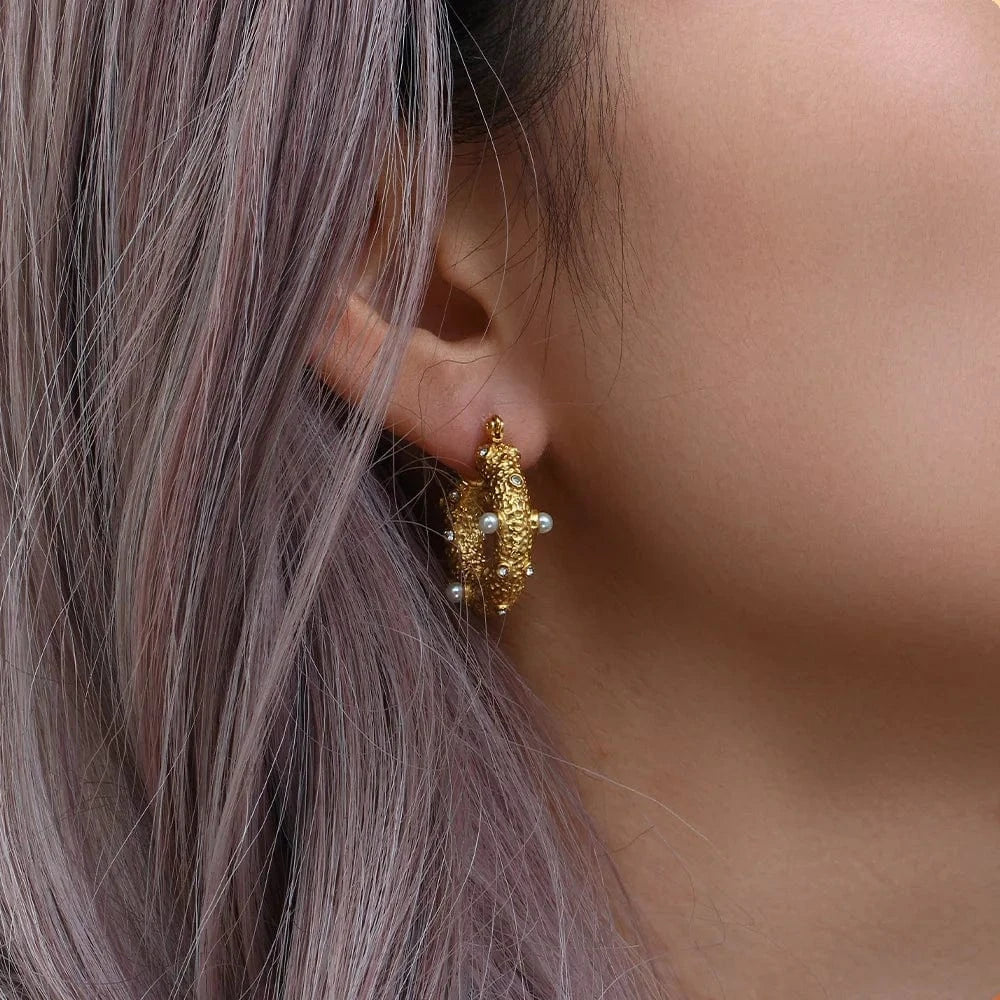 Gold 18k Gold Plated Bulk Hoop Earrings Natural Pearl Earring Large Circle Stainless Steel Zircon Set Jewelry