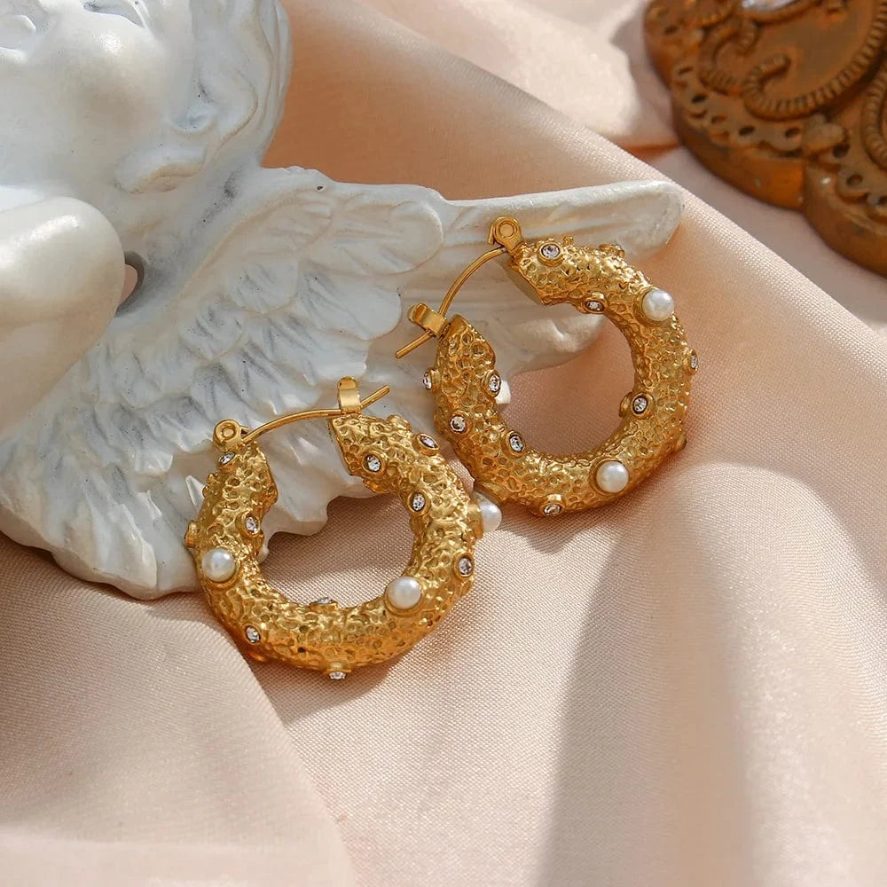 Gold 18k Gold Plated Bulk Hoop Earrings Natural Pearl Earring Large Circle Stainless Steel Zircon Set Jewelry