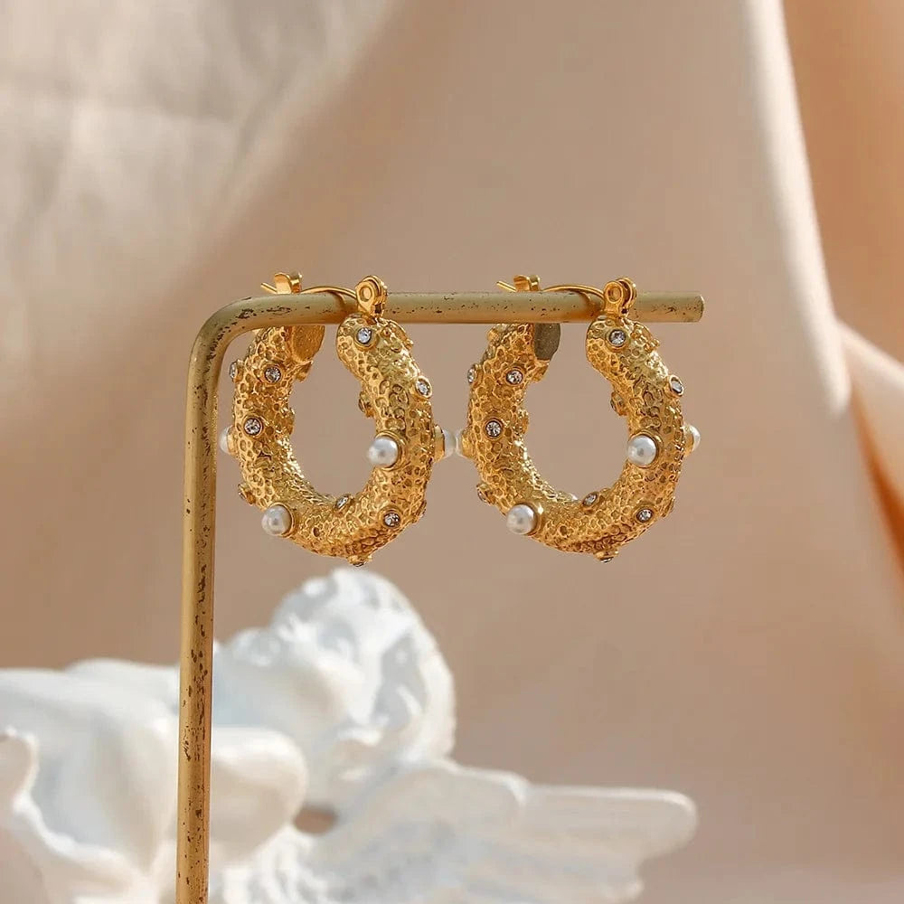 Gold 18k Gold Plated Bulk Hoop Earrings Natural Pearl Earring Large Circle Stainless Steel Zircon Set Jewelry