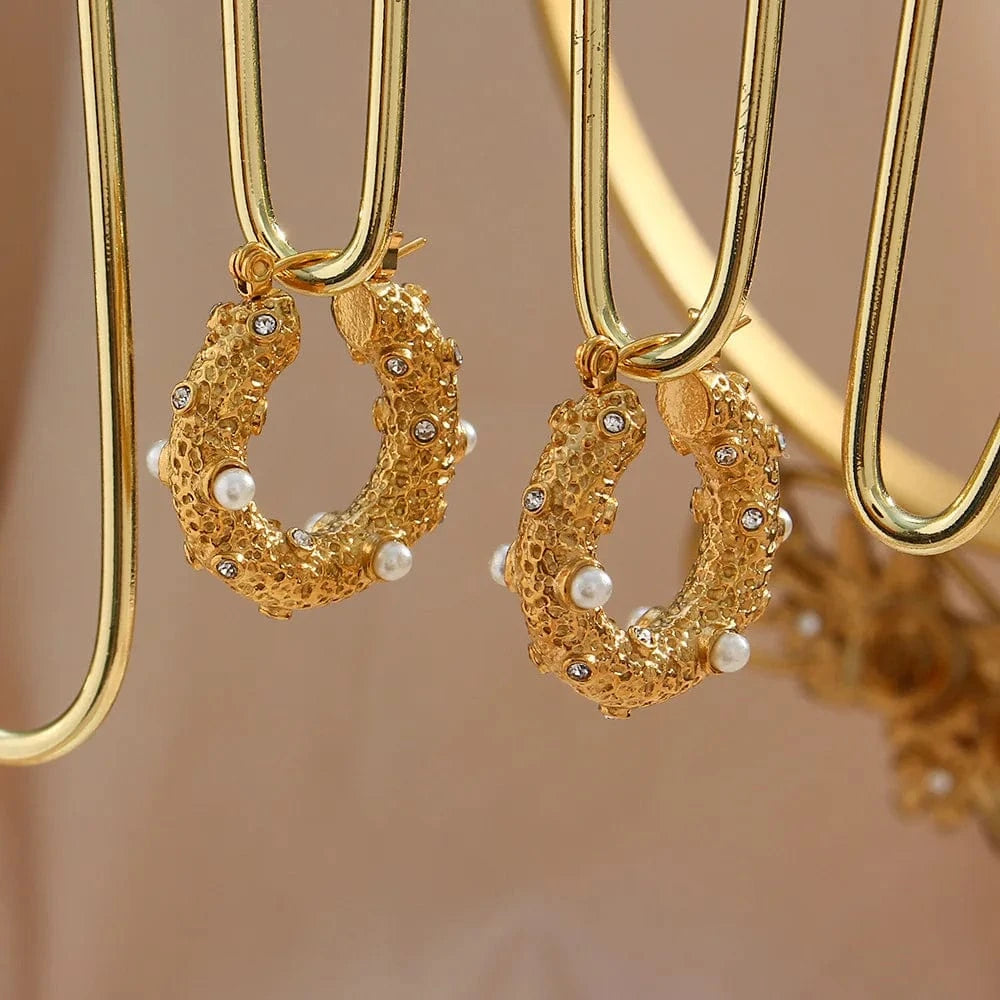 Gold 18k Gold Plated Bulk Hoop Earrings Natural Pearl Earring Large Circle Stainless Steel Zircon Set Jewelry