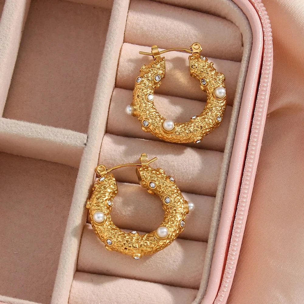 Gold 18k Gold Plated Bulk Hoop Earrings Natural Pearl Earring Large Circle Stainless Steel Zircon Set Jewelry