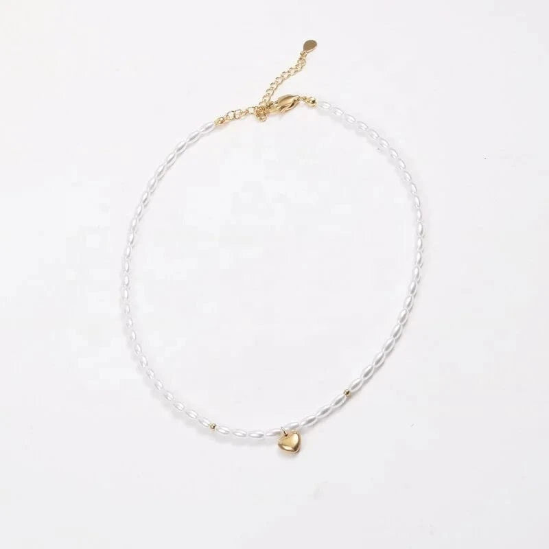 Gold 18k PVD Gold Plated Dainty Heart Pendant Necklace Pearl Chain Stainless Steel Jewelry