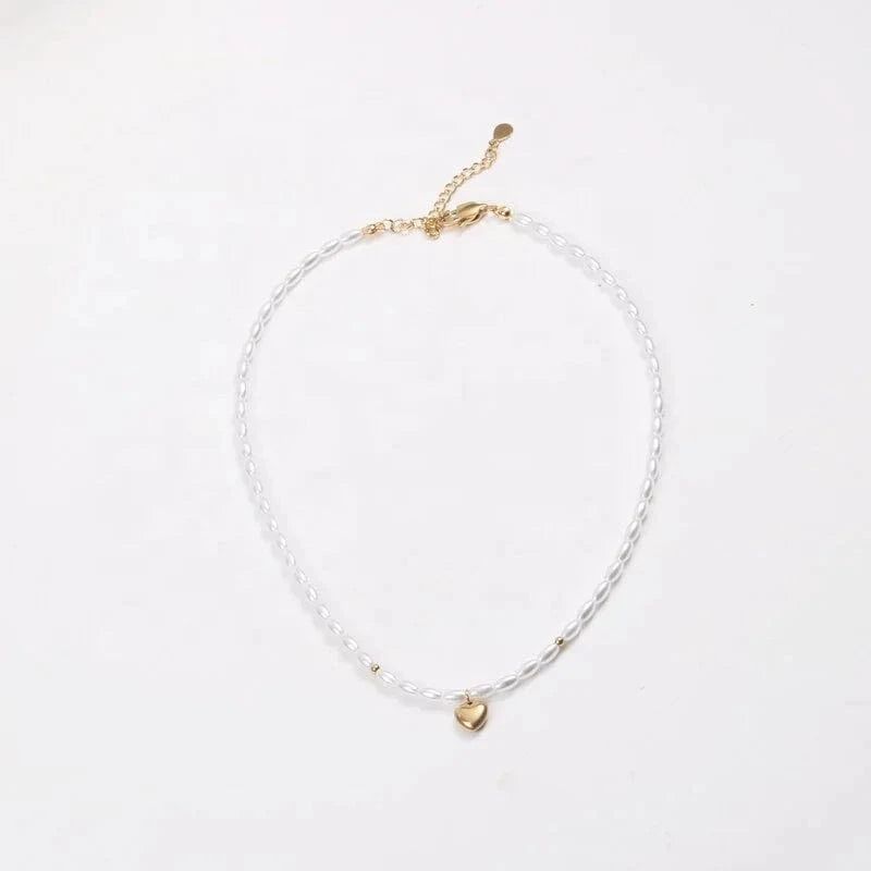Gold 18k PVD Gold Plated Dainty Heart Pendant Necklace Pearl Chain Stainless Steel Jewelry
