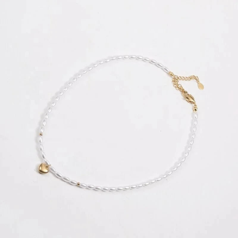 Gold 18k PVD Gold Plated Dainty Heart Pendant Necklace Pearl Chain Stainless Steel Jewelry