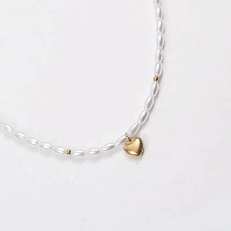 Gold 18k PVD Gold Plated Dainty Heart Pendant Necklace Pearl Chain Stainless Steel Jewelry