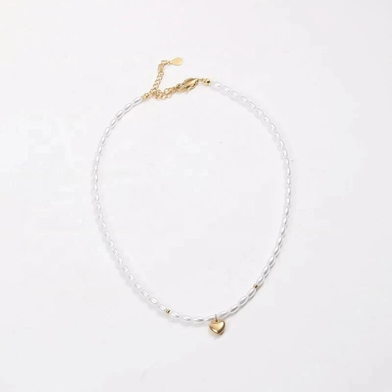 Gold 18k PVD Gold Plated Dainty Heart Pendant Necklace Pearl Chain Stainless Steel Jewelry
