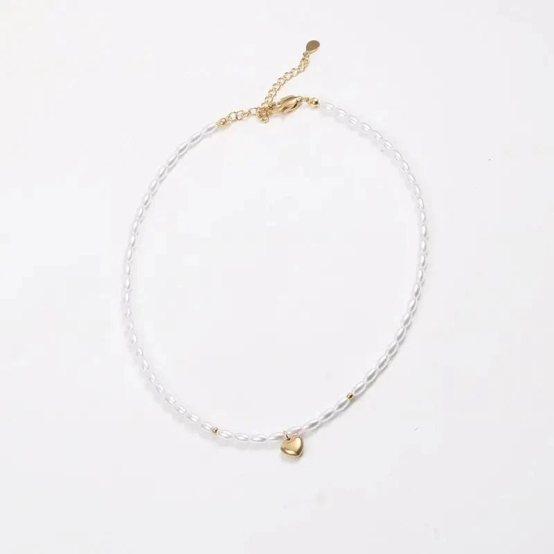Gold 18k PVD Gold Plated Dainty Heart Pendant Necklace Pearl Chain Stainless Steel Jewelry