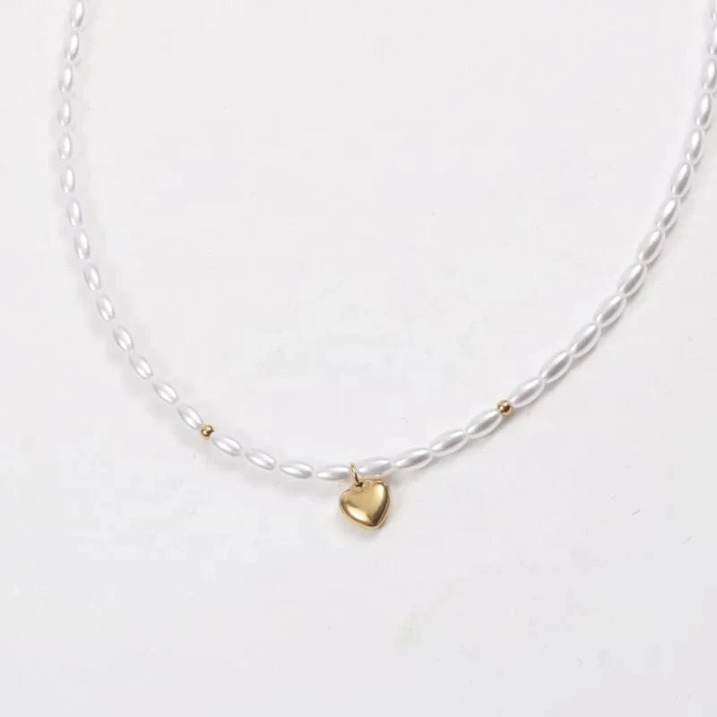 Gold 18k PVD Gold Plated Dainty Heart Pendant Necklace Pearl Chain Stainless Steel Jewelry