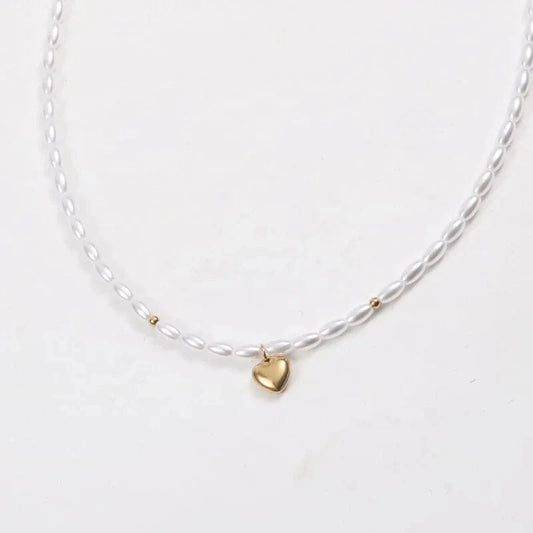 Gold 18k PVD Gold Plated Dainty Heart Pendant Necklace Pearl Chain Stainless Steel Jewelry
