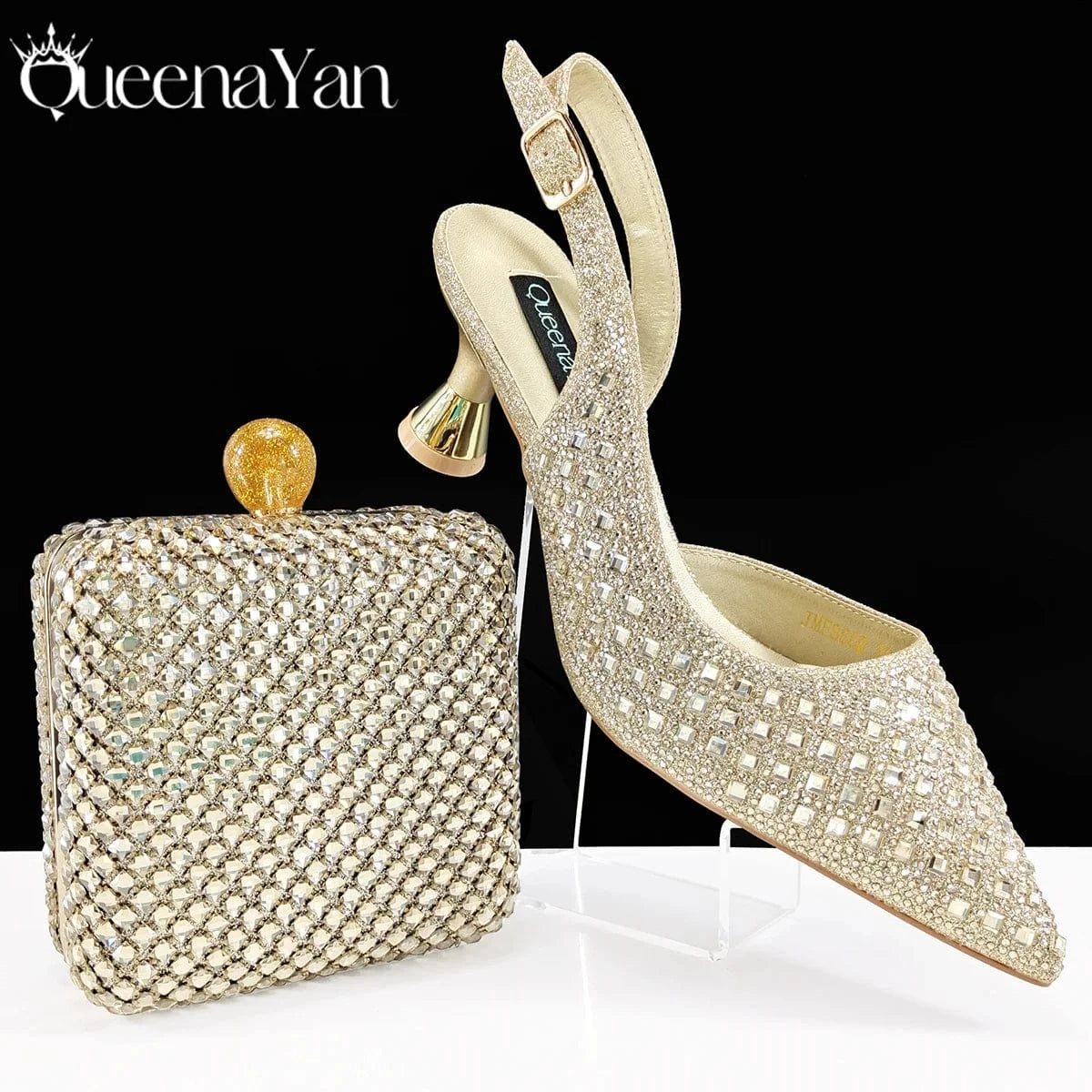 Gold / 38 / CHINA Queena Yan Italian Design Rhinestone Luxury Green Colour Pointed Toe Shoe & Bag Set Women's High Heels for Parties High Quality