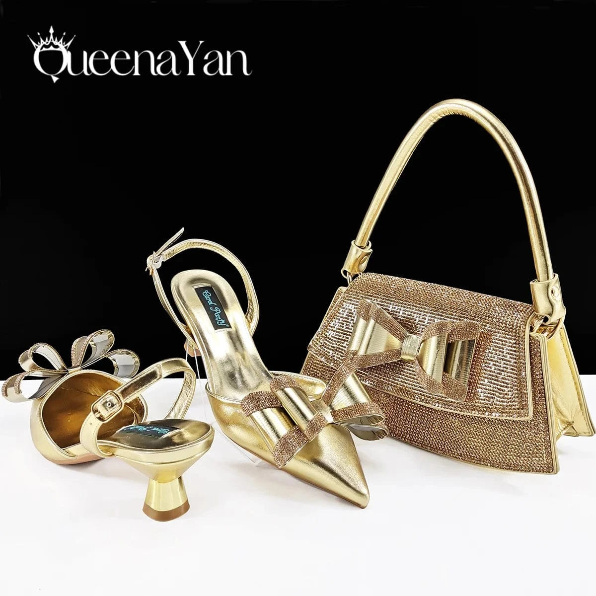 Gold / 38 / CHINA Queena Yan latest Italian women's shoes and accessories bag rhinestone butterfly decoration elegant pointed toe wedding bridal