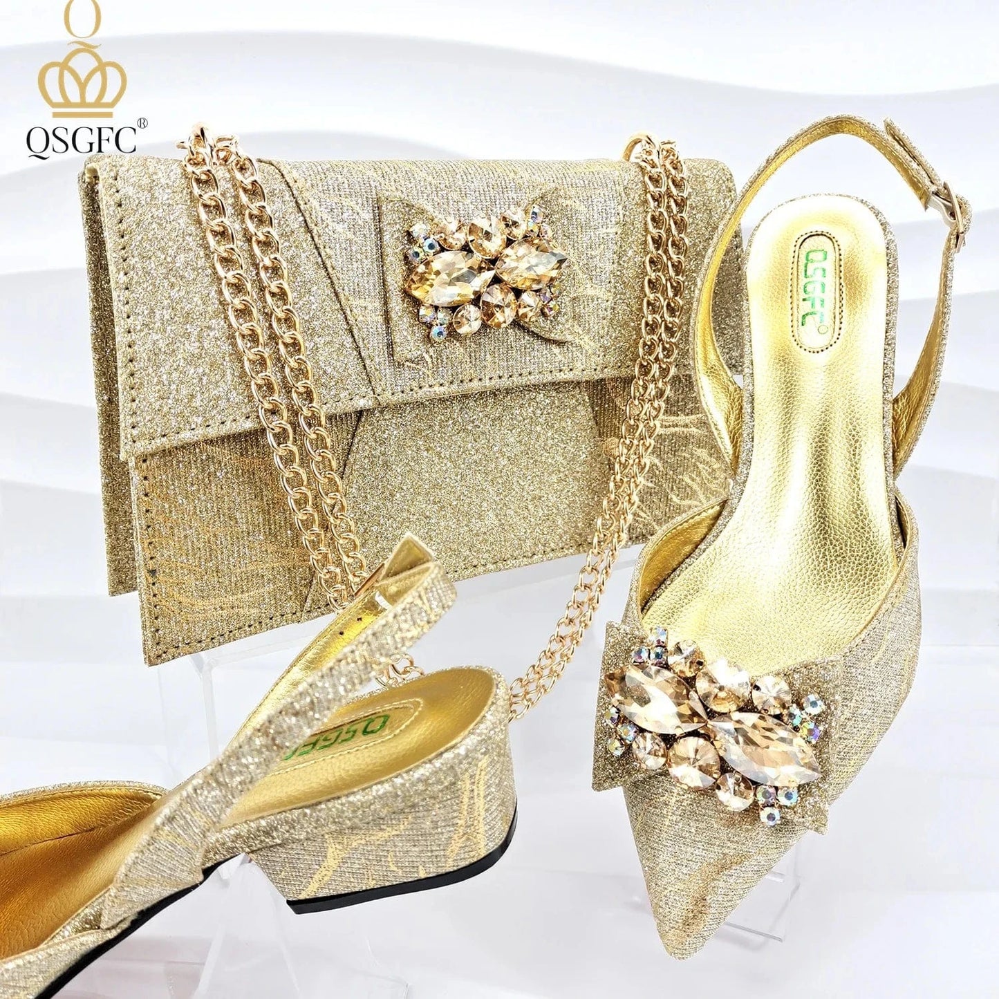 GOLD / 38 Italian Design Elegant Evening Shoes And Bag Set African Crystal Comfortable Shoes And Capacity Bag Commuter Women's Shoes