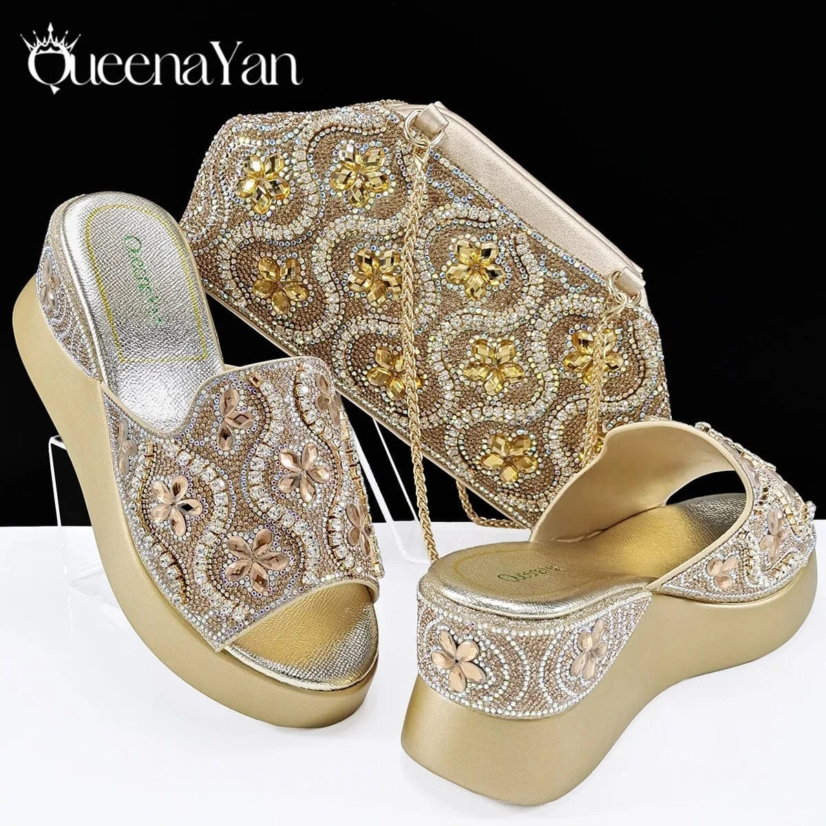 Gold / 39 / CHINA Queena Yan High Quality 2025 Newst Hot Selling Open Toe Slingback Sandals with Bag Set in Green Color For Women Wedding Party