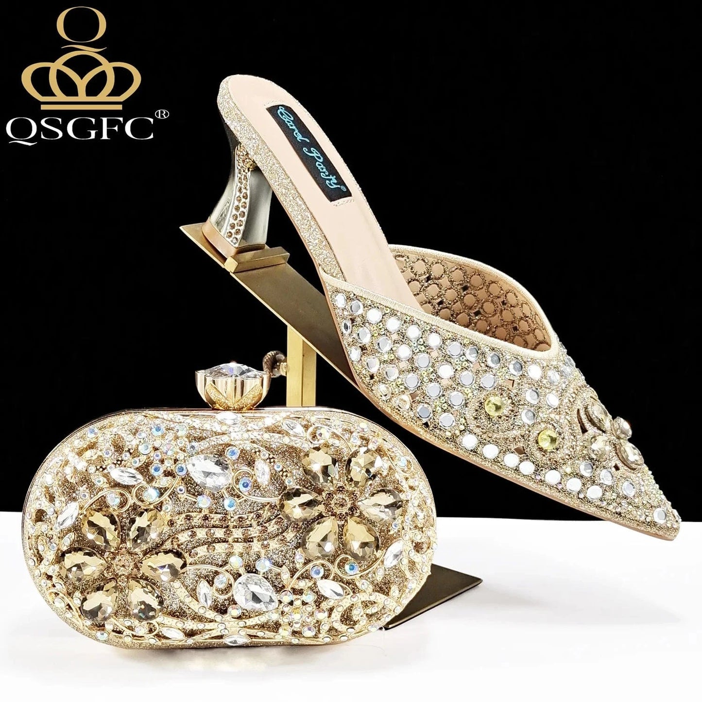 GOLD / 43 / CHINA QSGFC New Design Specials Italian Women Heels Shoes and Bag in Pink Color Comfortable Heels With Rhinestone for Part