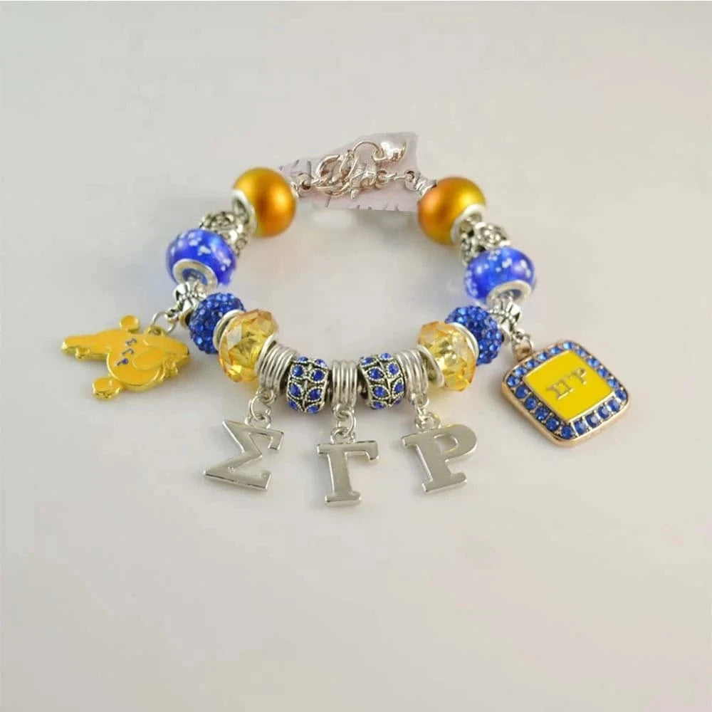 Gold and Royal Blue Stretch Bead Bracelet Greek Symbol Sigma Gamma Rho Sorority Shield Charm Costume Bracelets Jewelry