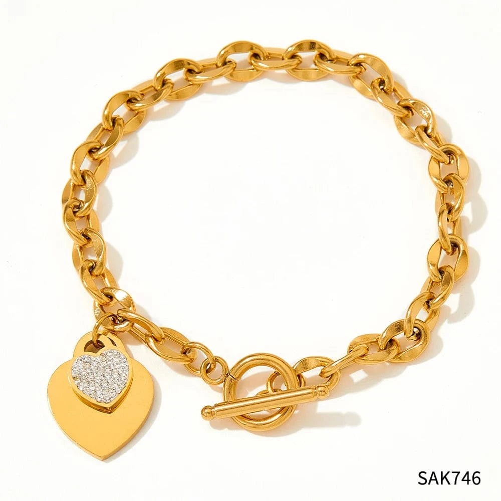Gold Bracelet 18k Stainless Steel Gold Plated Jewelry OT Buckle Heart Zircon Pendant Necklace Bracelet Earrings Jewelry Set